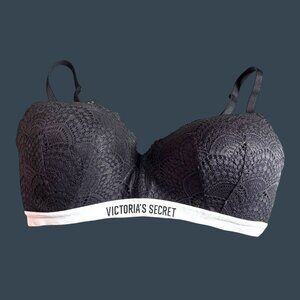 Victorias Secret Black Lace Wireless Bra 36DD E80 Lined No Wire Striped Logo
